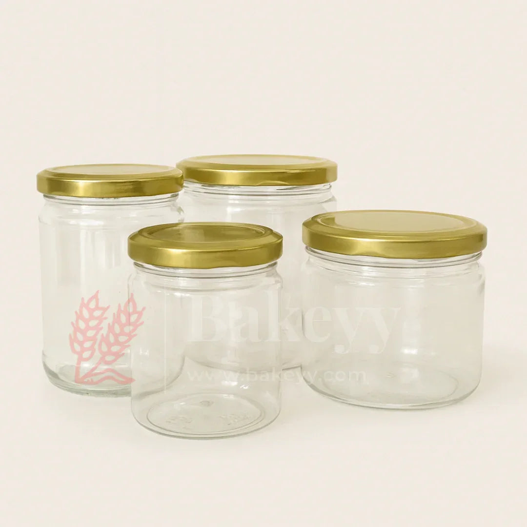 Elegant Clear Storage Jars with Stylish Golden Lids | Pack of 12 - Bakeyy.com - India - Elegant Clear Storage Jars with Stylish Golden Lids | Pack of 12 - 200 ml