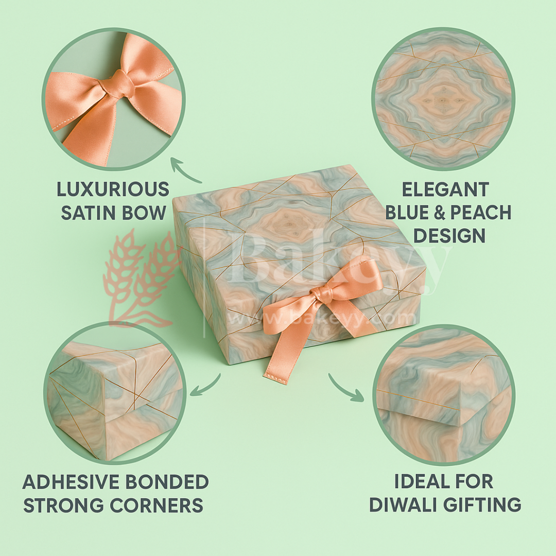 10x8x4 Inch | Peach & Aqua Marble Print Collapsible Gift Box with Ribbon | Pack of 1