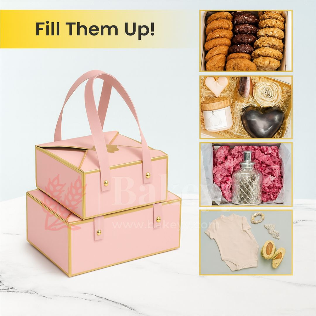 Pastel Pink Foldable Gift Box with Leather Handles | Pack of 10