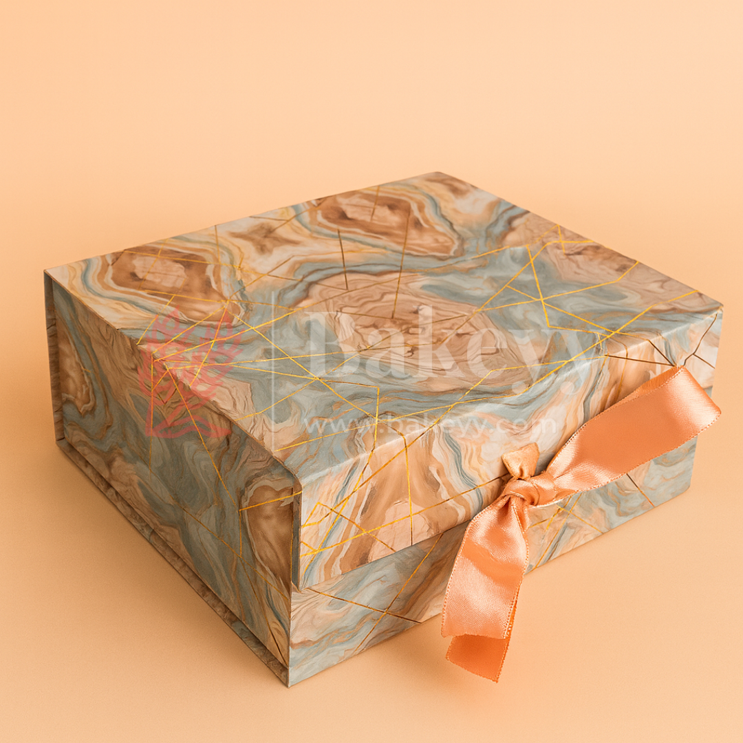 10x8x4 Inch | Peach & Aqua Marble Print Collapsible Gift Box with Ribbon | Pack of 1