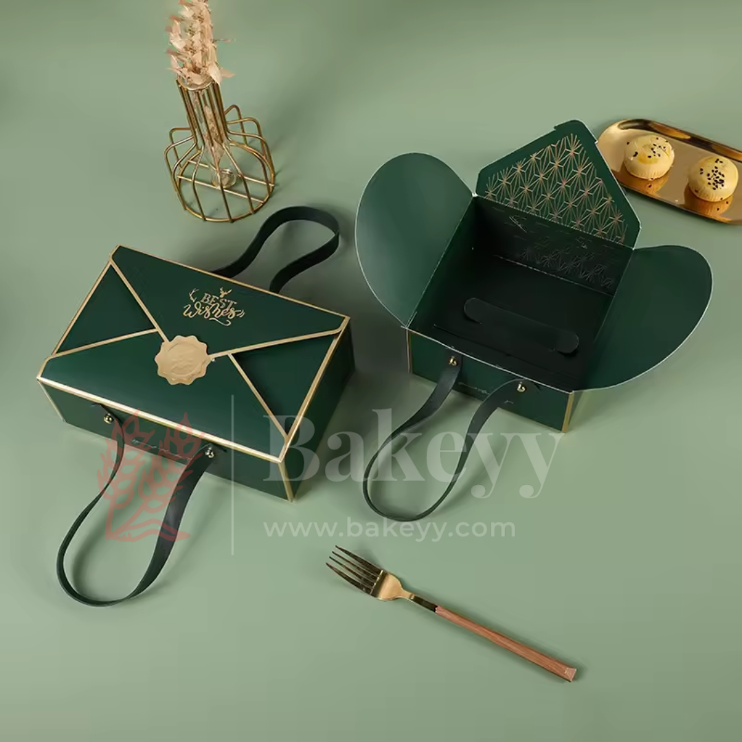Luxury Dark Green Foldable Gift Box with Leather Handles | Pack of 10