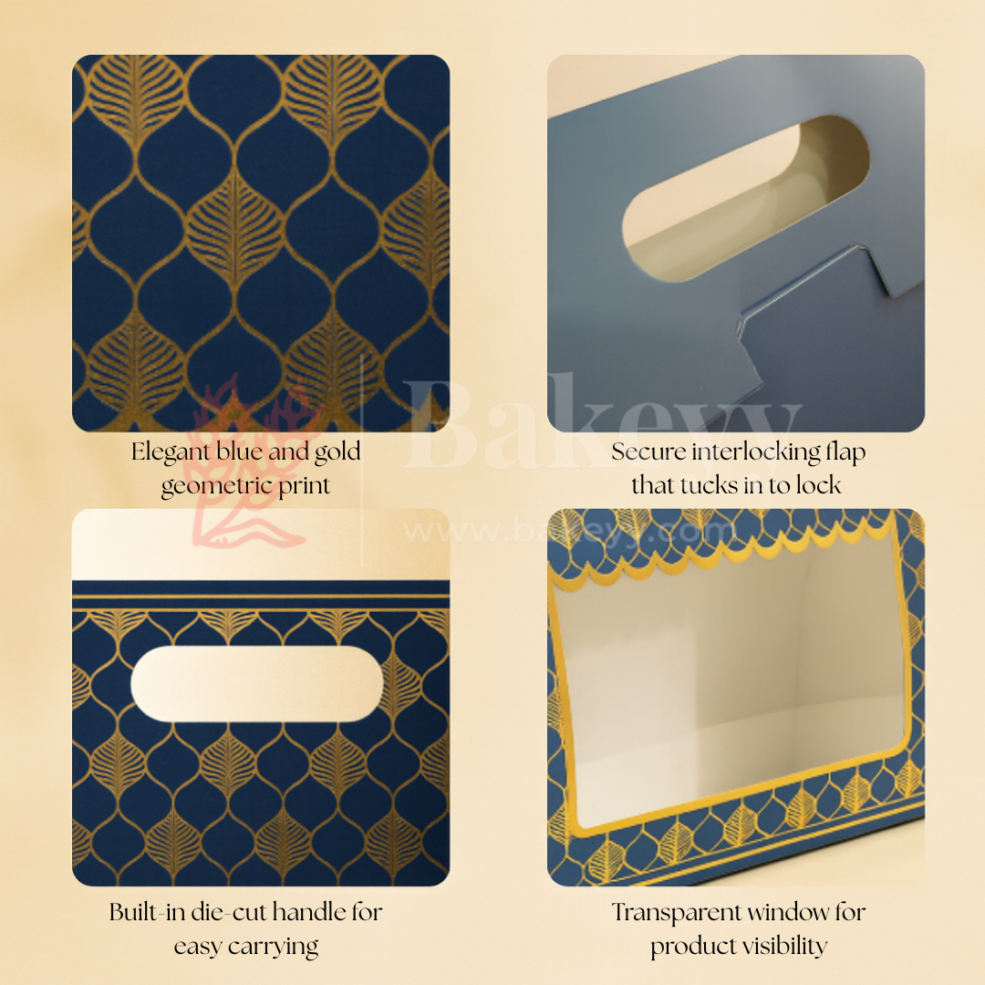 10x4x8 Inch | Royal Blue & Gold Window Gift Box with Handle | Luxury Festive Hamper Packaging | Pack of 1