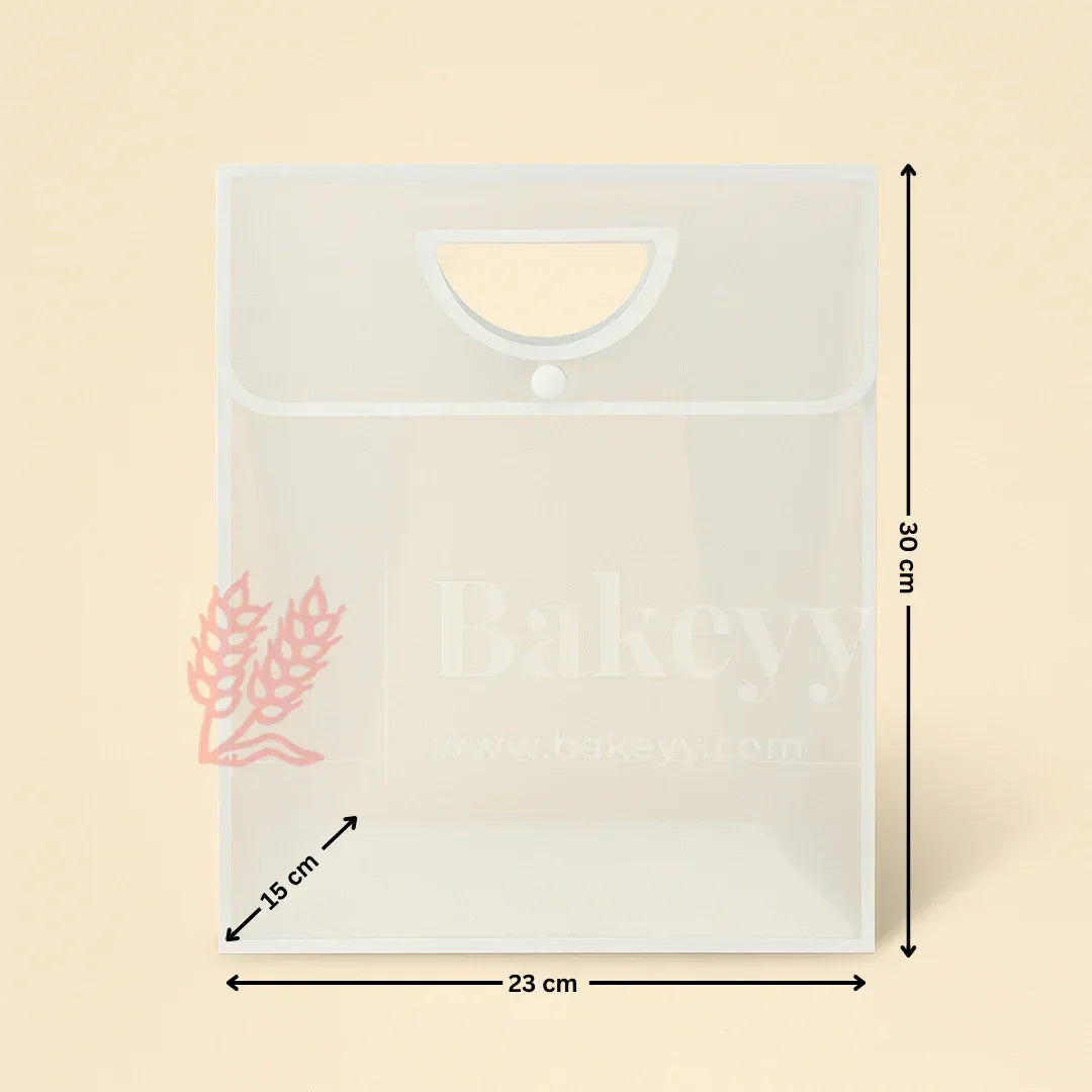 Transparent Gift Bag with Button Lock - White | Oval‑Cut Handle | Pack Of 12 - Bakeyy.com - India - Transparent Gift Bag with Button Lock - White | Oval‑Cut Handle | Pack Of 12 - 23x15x30 Cm