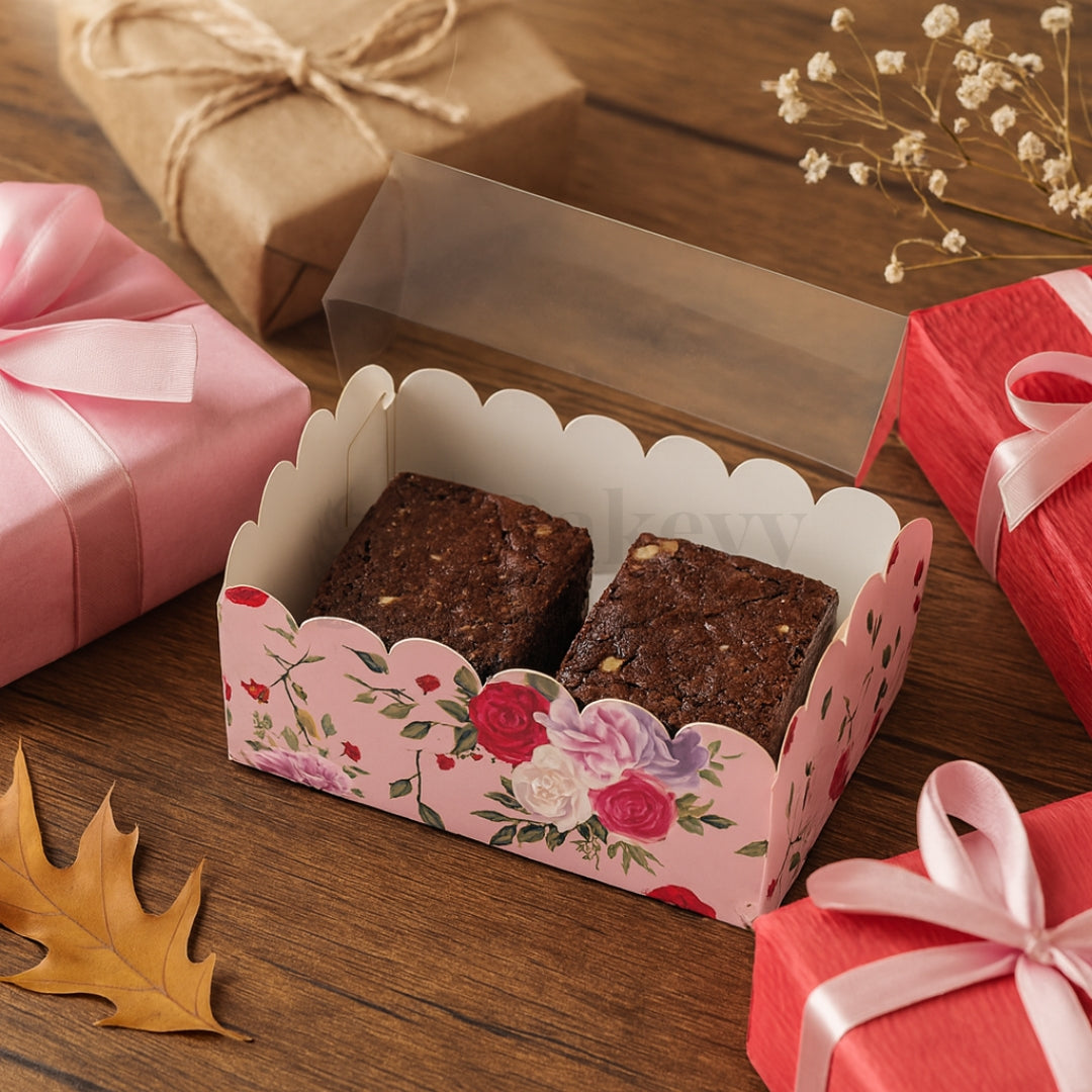 Pink Floral Print 2 Borwnie Box With Transparent Lid | Pack of 50