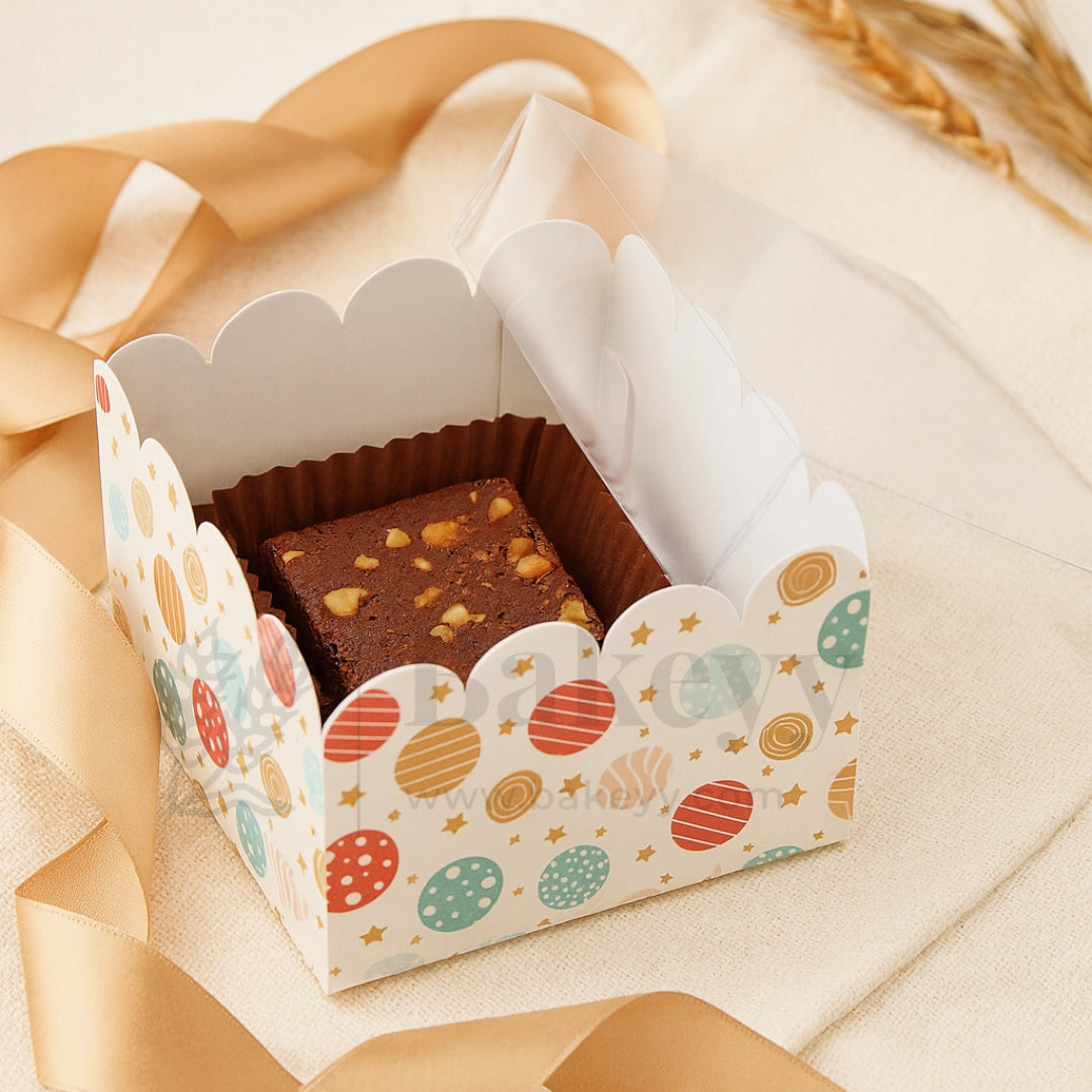 White Candy Print 1 Brownie Box With Transparent Lid | Pack of 50