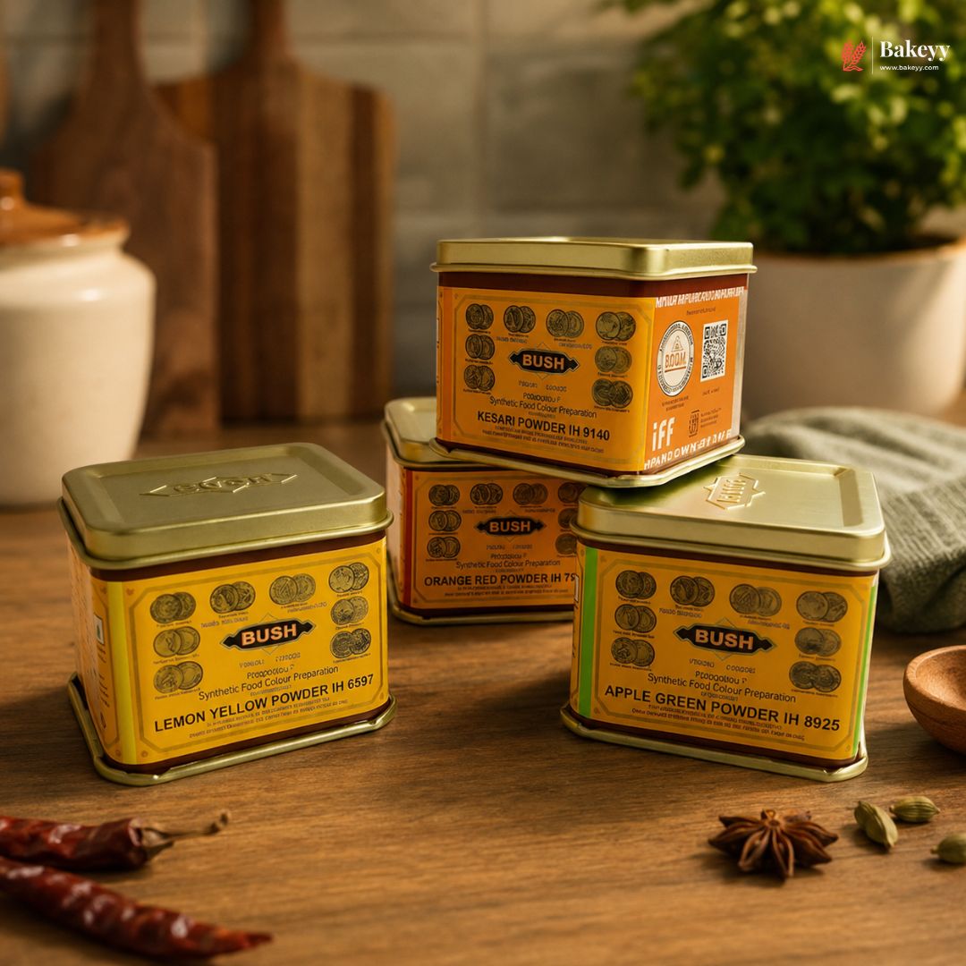 Collection of Bush powder tins on a wooden surface with a blurred background