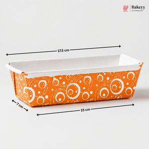 Bakeware loaf pan with orange and white pattern, measurements indicated, on a white background