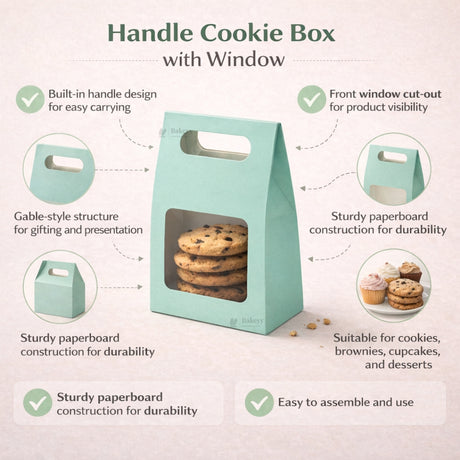 Green Color | Handle Cookie Box with Window | Gable Style Paperboard Packaging Box | Pack of 25