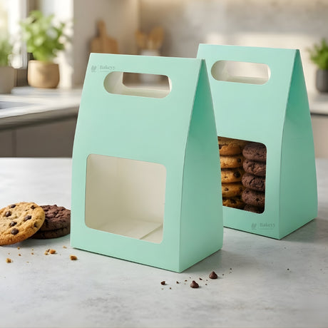 Green Color | Handle Cookie Box with Window | Gable Style Paperboard Packaging Box | Pack of 25