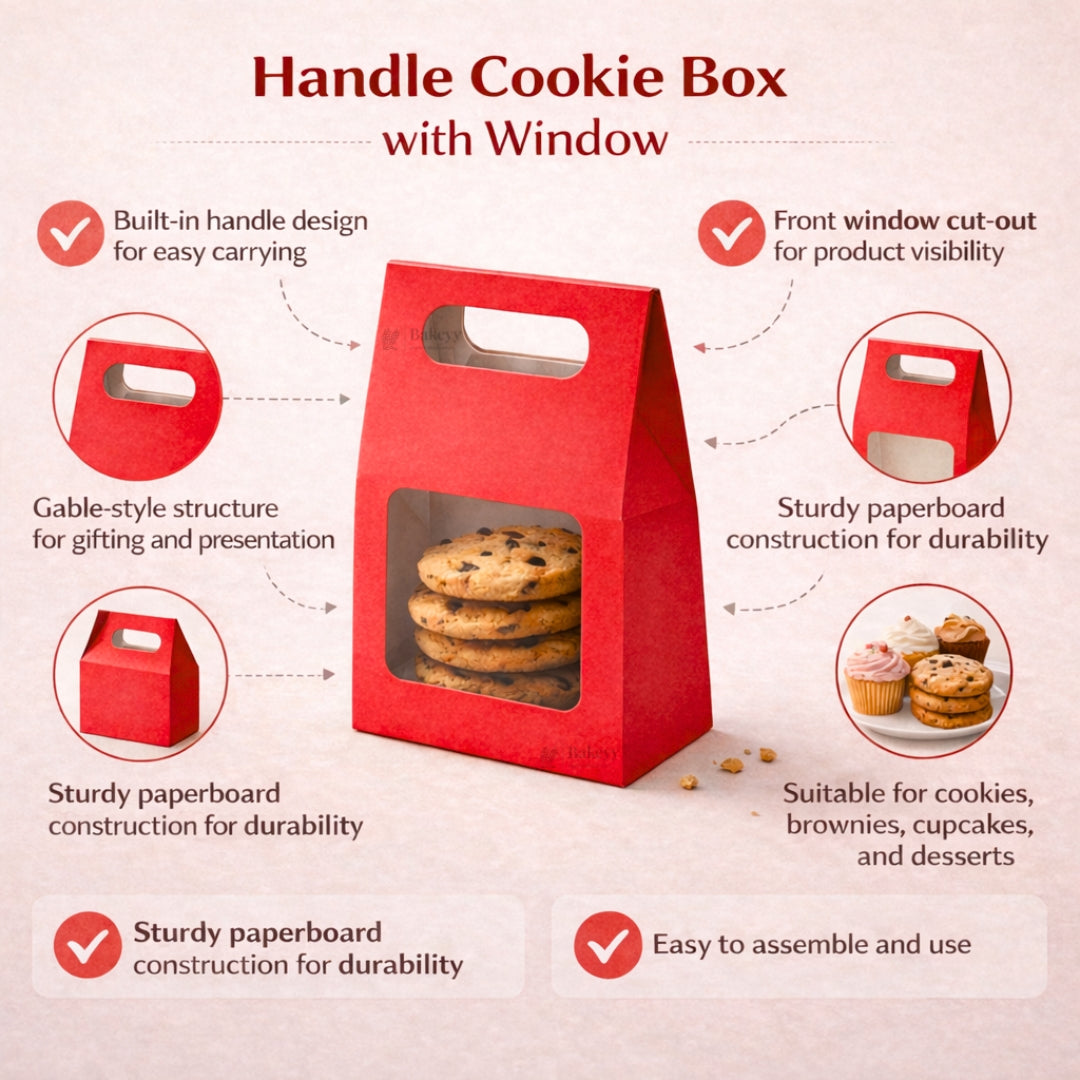 Red Color | Handle Cookie Box with Window | Gable Style Paperboard Packaging Box | Pack of 25