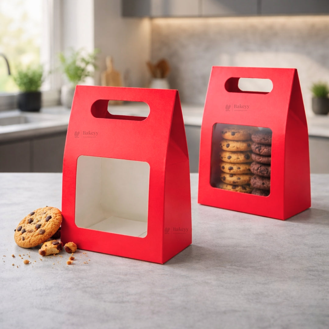 Red Color | Handle Cookie Box with Window | Gable Style Paperboard Packaging Box | Pack of 25