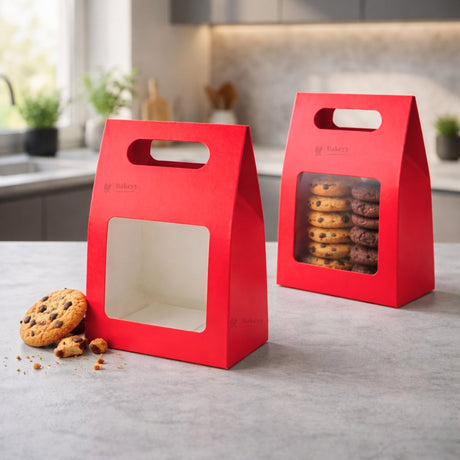 Red Color | Handle Cookie Box with Window | Gable Style Paperboard Packaging Box | Pack of 25