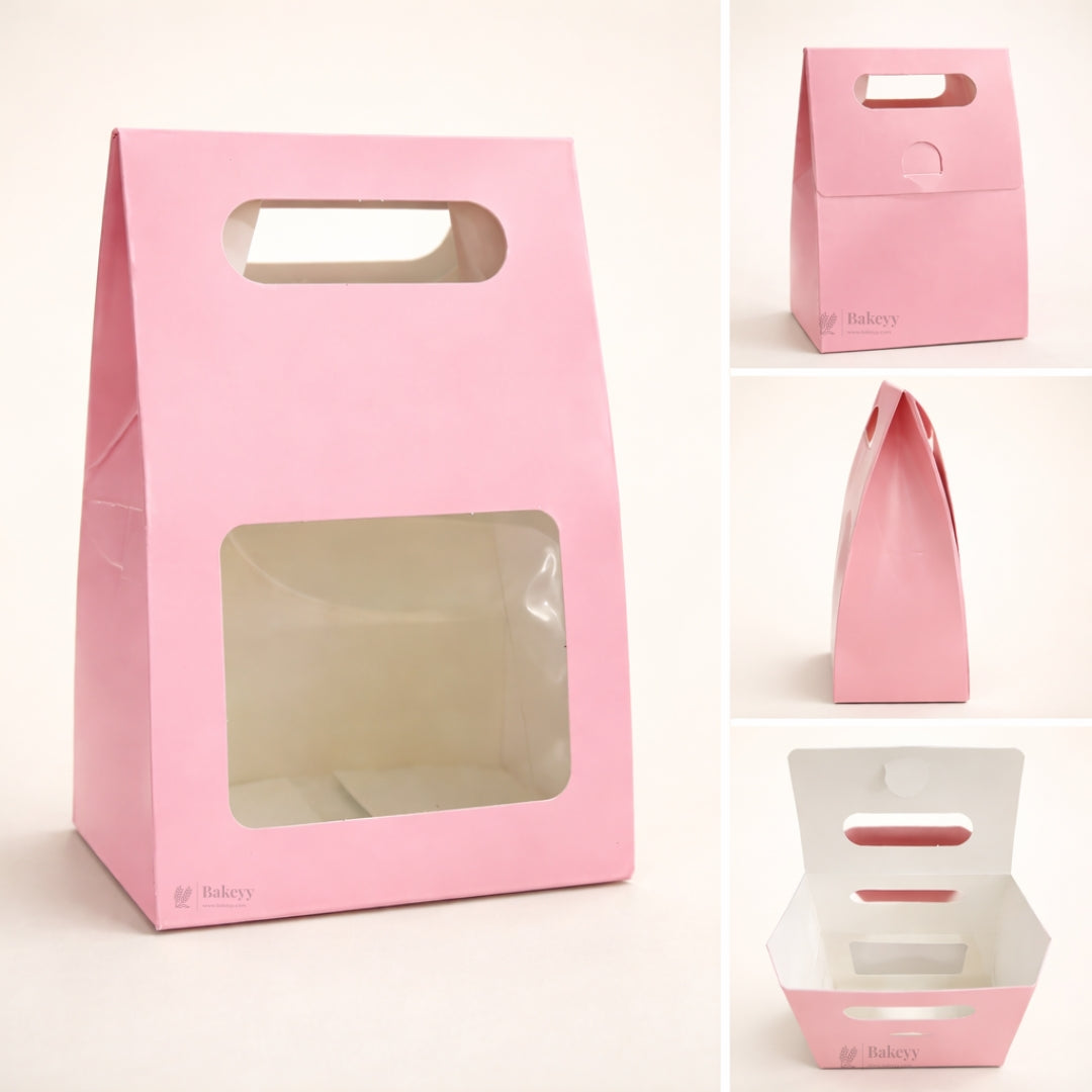 Pink Color | Handle Cookie Box with Window | Gable Style Paperboard Packaging Box | Pack of 25