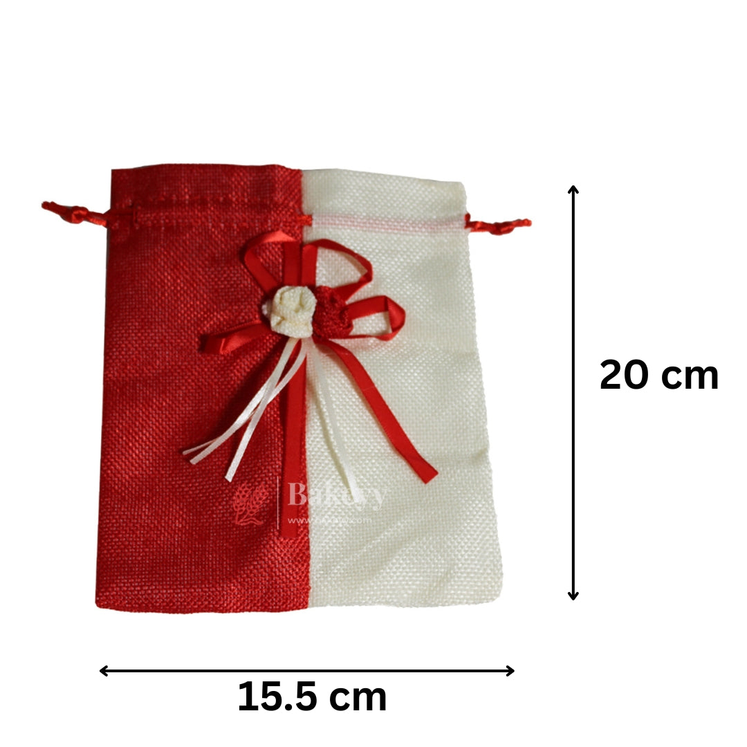 15x20cm| Red & Cream Jute Potli Bag with Floral Accent | Traditional Potli Bag | Wedding Favor Bag | Jewelry Pouch | Floral Accent Gift Bag | Pack of 10