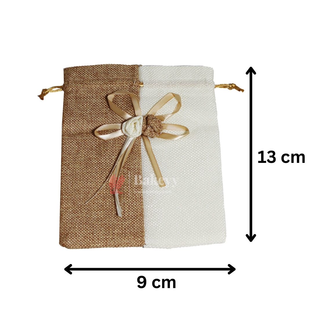 9x13cm| Brown & Cream Jute Potli Bag with Floral Accent | Traditional Potli Bag | Wedding Favor Bag | Jewelry Pouch | Floral Accent Gift Bag | Pack of 10