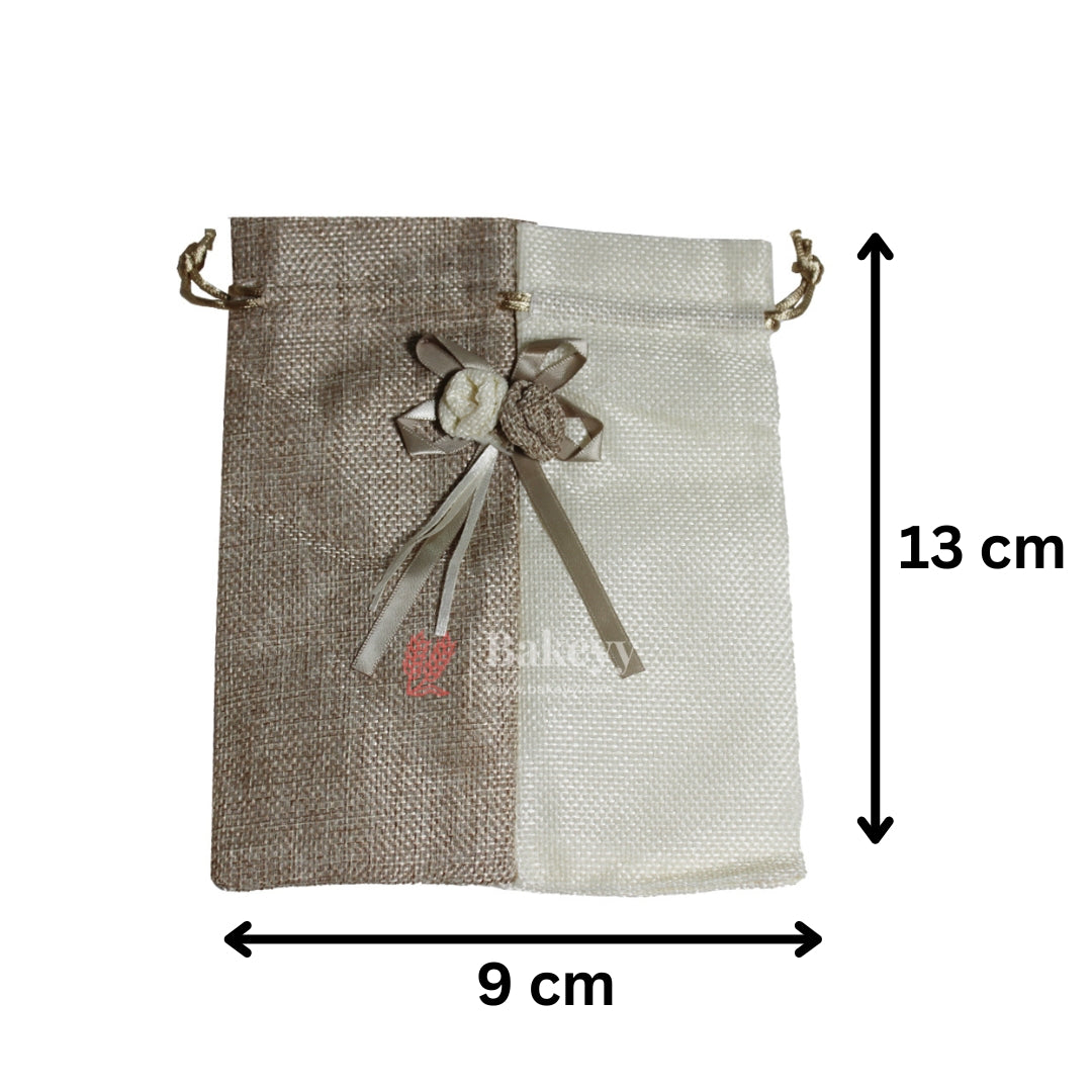 9x13cm| Natural & Cream Jute Potli Bag with Floral Accent | Traditional Potli Bag | Wedding Favor Bag | Jewelry Pouch | Floral Accent Gift Bag | Pack of 10
