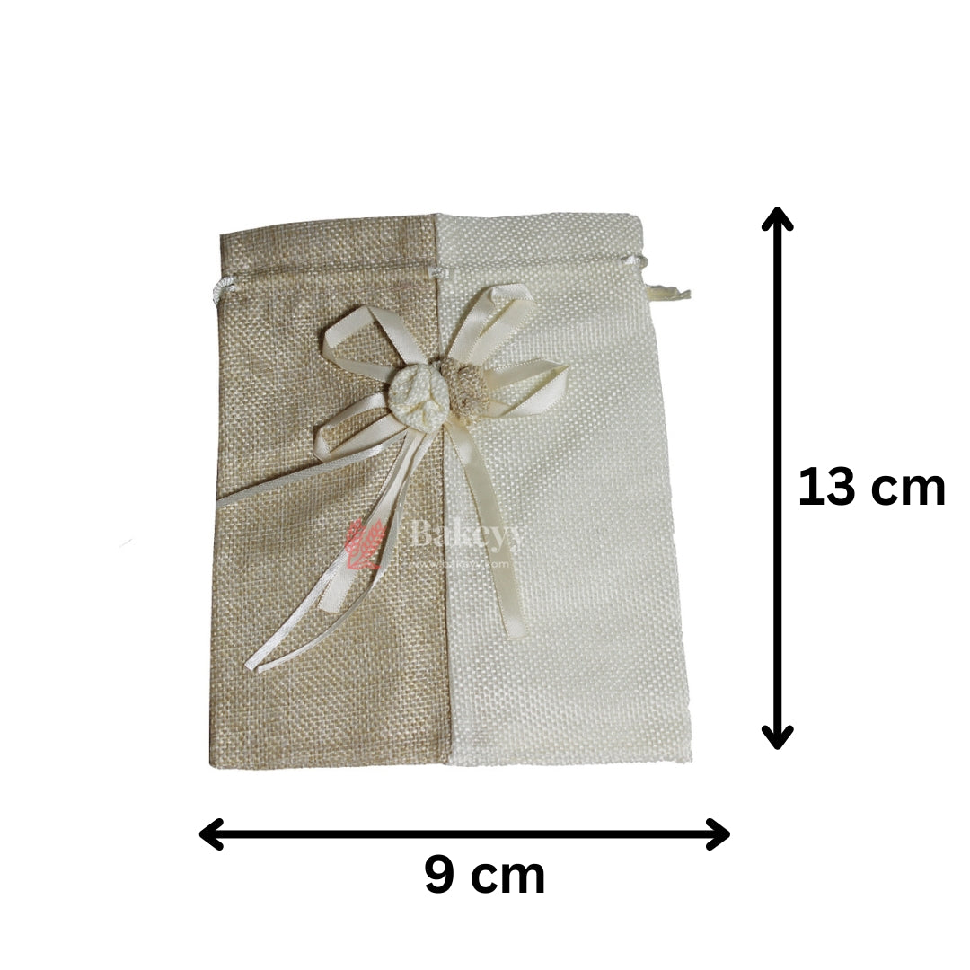 9x13cm| Beige & Cream Jute Potli Bag with Floral Accent | Traditional Potli Bag | Wedding Favor Bag | Jewelry Pouch | Floral Accent Gift Bag | Pack of 10