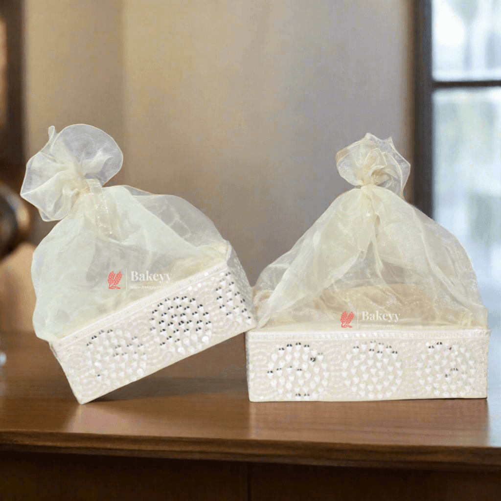 Crystal Mesh Hamper Gift Set | Mint, Ivory, and Pink | Elegant Square Gifting Tray - Bakeyy.com - India - Crystal Mesh Hamper Gift Set | Mint, Ivory, and Pink | Elegant Square Gifting Tray - Ivory / Small - 8 Inch