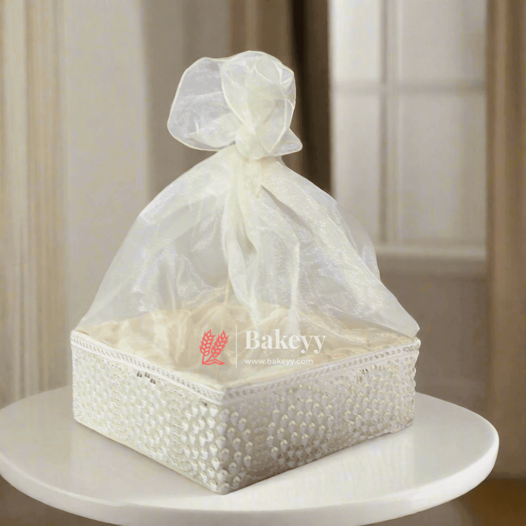 Crystal Mesh Hamper Gift Set | Mint, Ivory, and Pink | Elegant Square Gifting Tray - Bakeyy.com - India - Crystal Mesh Hamper Gift Set | Mint, Ivory, and Pink | Elegant Square Gifting Tray - Mint Green / Small - 8 Inch
