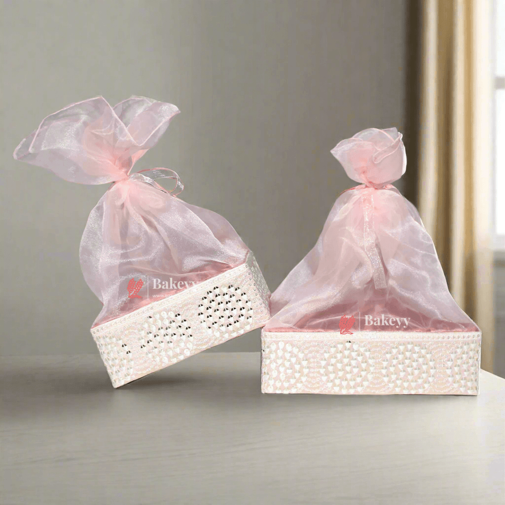 Crystal Mesh Hamper Gift Set | Mint, Ivory, and Pink | Elegant Square Gifting Tray - Bakeyy.com - India - Crystal Mesh Hamper Gift Set | Mint, Ivory, and Pink | Elegant Square Gifting Tray - Pink / Small - 8 Inch