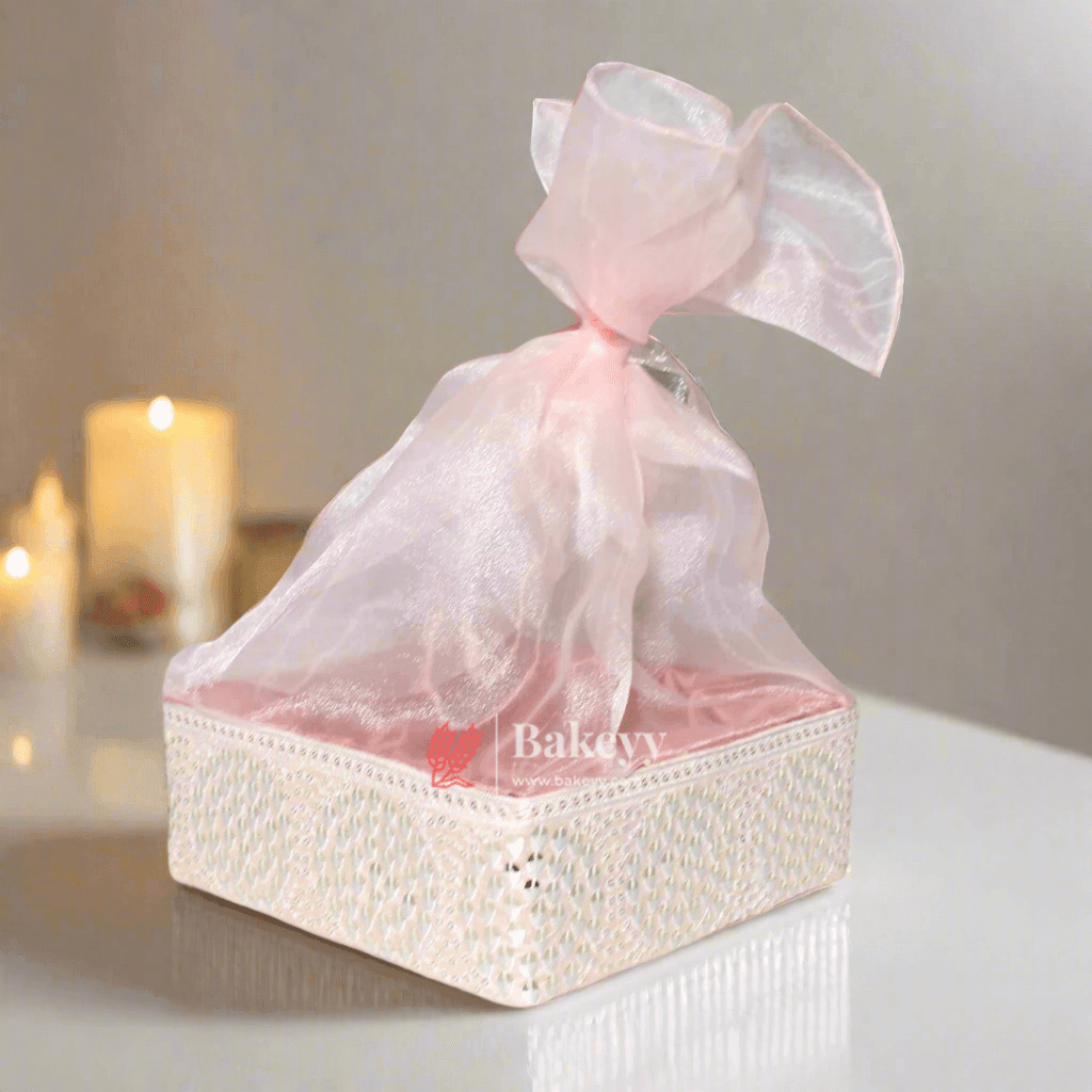 Crystal Mesh Hamper Gift Set | Mint, Ivory, and Pink | Elegant Square Gifting Tray - Bakeyy.com - India - Crystal Mesh Hamper Gift Set | Mint, Ivory, and Pink | Elegant Square Gifting Tray - Mint Green / Small - 8 Inch