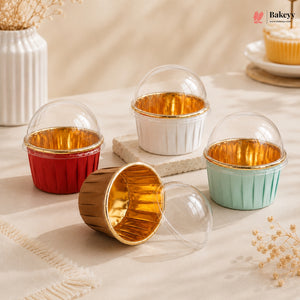 Clear dome lids on colorful ramekins on a neutral background with 'Bakey' branding.