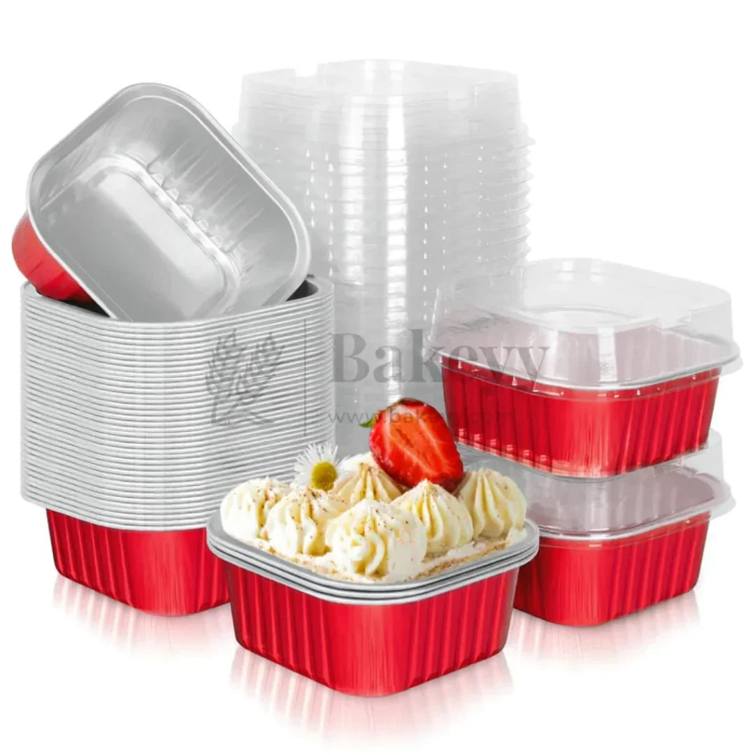 Aluminum Foil Baking Containers with Transparent Lid | Square Tins | Bake N Serve | Pack of 100 - Bakeyy.com - India - Aluminum Foil Baking Containers with Transparent Lid | Square Tins | Bake N Serve | Pack of 100 - Red / 300 ml 2000.00