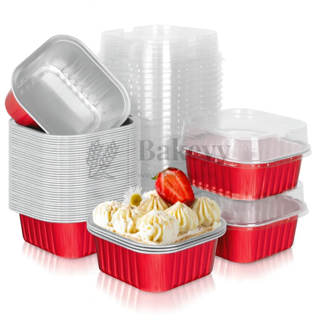 Aluminum Foil Baking Containers with Transparent Lid | Square Tins | Bake N Serve | Pack of 100
