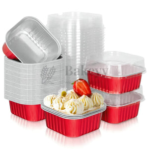 Aluminum Foil Baking Containers with Transparent Lid | Square Tins | Bake N Serve | Pack of 100 - Bakeyy.com - India - Aluminum Foil Baking Containers with Transparent Lid | Square Tins | Bake N Serve | Pack of 100 - Red / 300 ml 2000.00