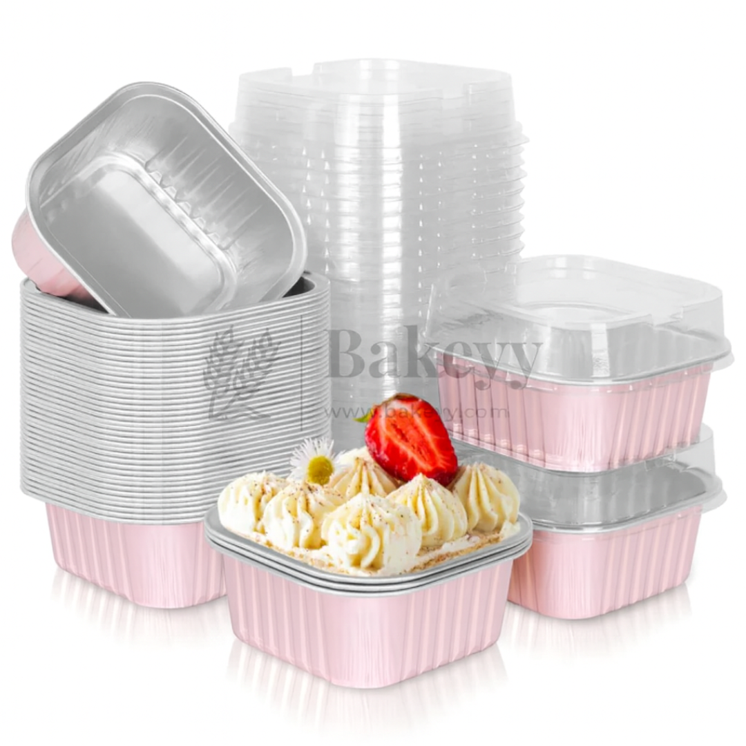 Aluminum Foil Baking Containers with Transparent Lid | Square Tins | Bake N Serve | Pack of 100