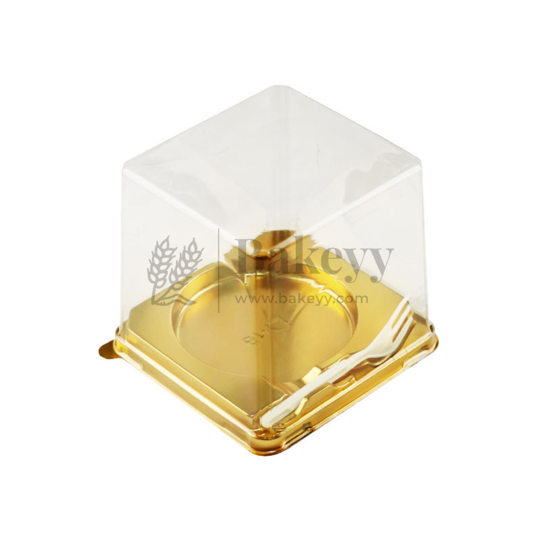 Square Mini Cake Box with Dome Lid & Fork | Clear Lid with Gold Base | Pack of 50