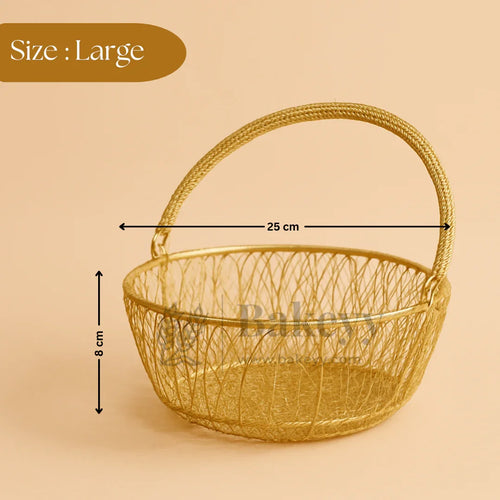 Large gold hamper basket with handle, 25cm wide and 8cm tall, for baking or gift packaging from Bakeyy.com