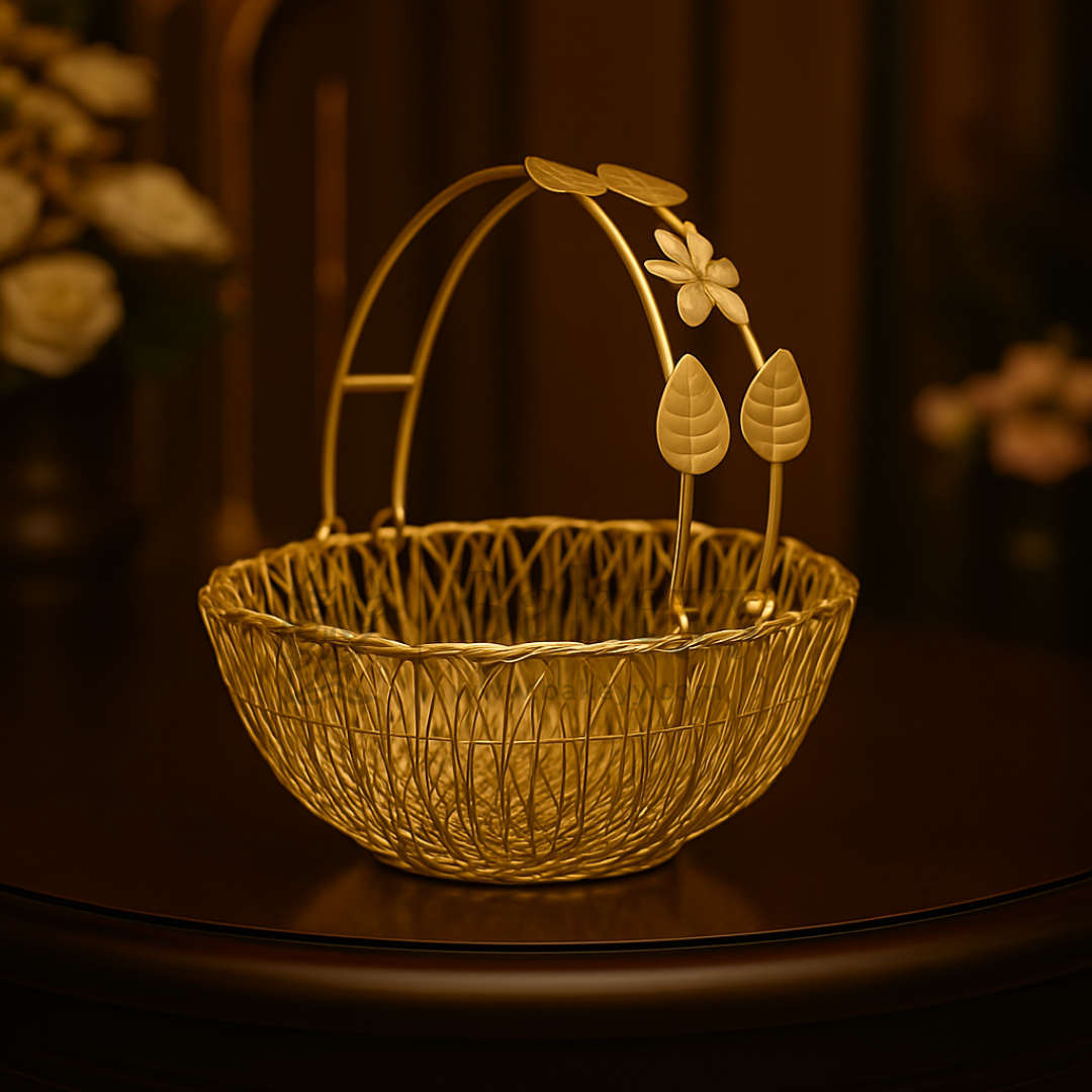 Bucket Shape Round Gold Metal Basket with Flower Handle | Gifting and Decorative Purpose | 1 Piece