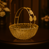 Bucket Shape Round Gold Metal Basket with Flower Handle | Gifting and Decorative Purpose | 1 Piece