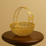Bucket Shape Round Gold Metal Basket with Flower Handle | Gifting and Decorative Purpose | 1 Piece