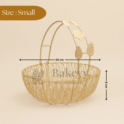 Small gold wire basket with leaf handle, 20 cm wide, 8 cm tall, for baking supplies at Bakeyy.com