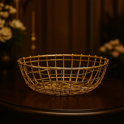 Golden wire basket on wooden table, ideal for bakery gift hampers and display at Bakeyy.com