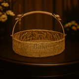 Round Golden Floral Flat-Base Wire Basket | Gifting and Decorative Purpose | 1 Piece