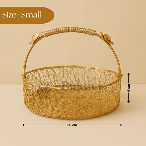 Small gold wire hamper basket with floral handle, 20x6 cm, for baking and gift packaging at Bakeyy
