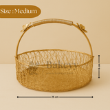 Round Golden Floral Flat-Base Wire Basket | Gifting and Decorative Purpose | 1 Piece