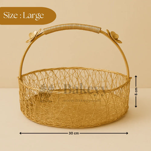 Large gold decorative hamper basket with flower accents, 30cm x 6cm, ideal for bakery gifts from Bakeyy.com