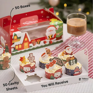 Christmas Print Cupcake Boxes with Handle | Pack of 50 - Bakeyy.com - India - Christmas Print Cupcake Boxes with Handle | Pack of 50 - 4 Cupcake 1600.00