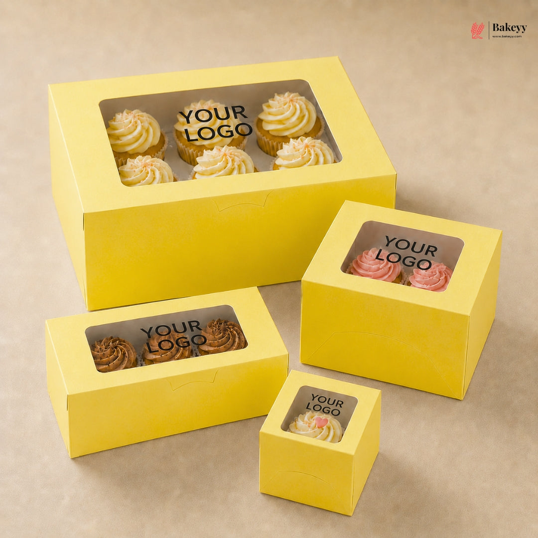 Custom Logo Print Cupcake Box | Without Handle Cupcake Boxes | Yellow Color | Pack of 250
