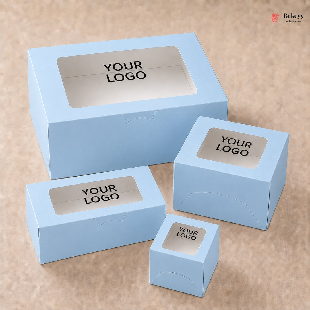 Set of light blue boxes with 'YOUR LOGO' text on a beige background