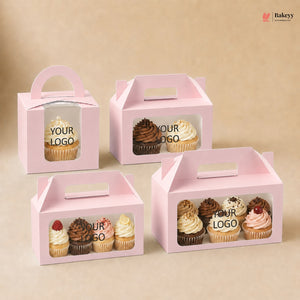 Pink cupcake boxes with window on a beige background, featuring various cupcakes and 'Your Logo' text.