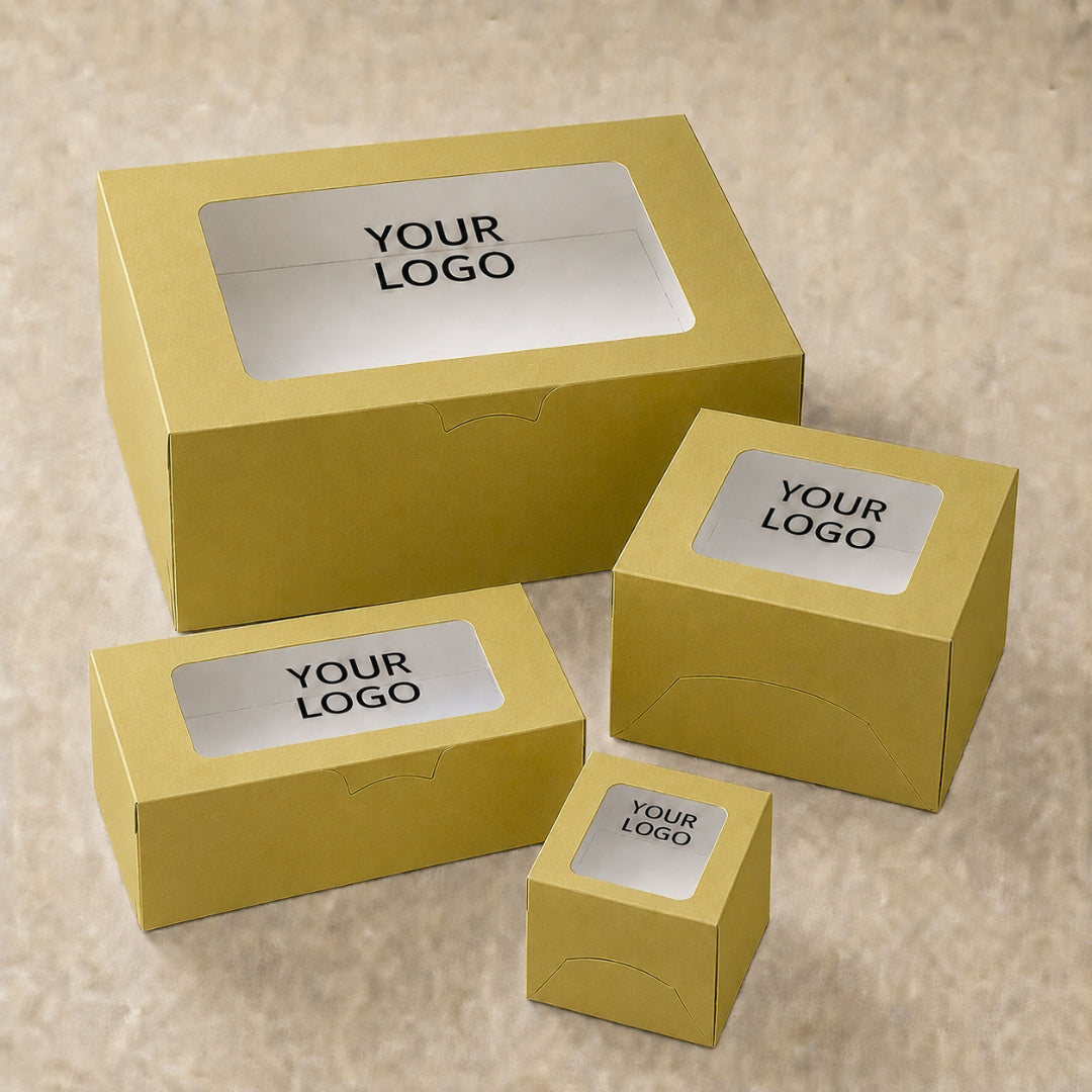 Set of yellow boxes with 'YOUR LOGO' text on a beige background