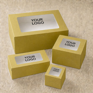 Set of yellow boxes with 'YOUR LOGO' text on a beige background