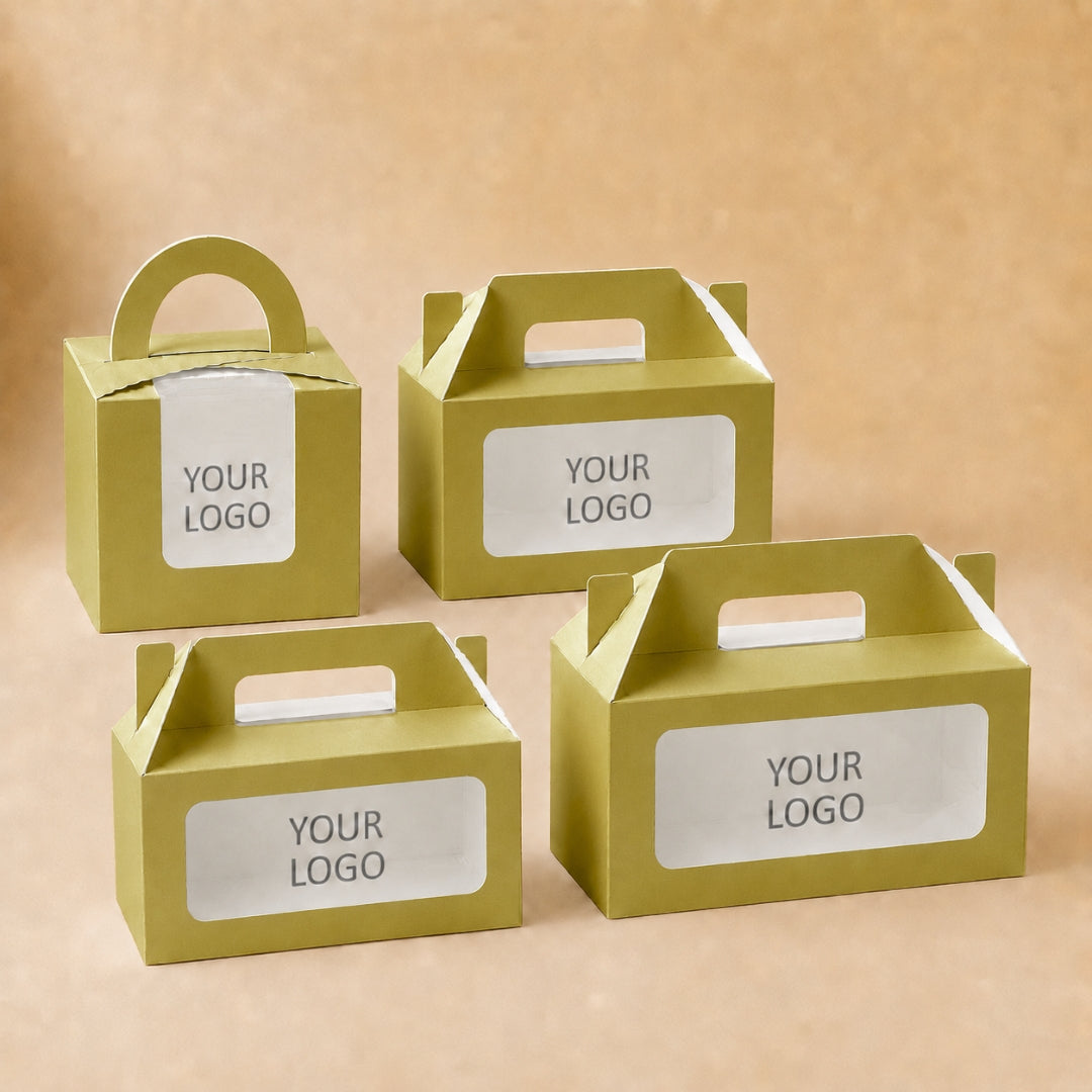 Four green gift boxes with 'YOUR LOGO' labels on a beige background