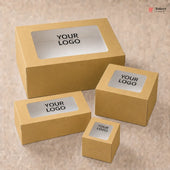 Set of cardboard boxes with 'YOUR LOGO' labels on a beige background