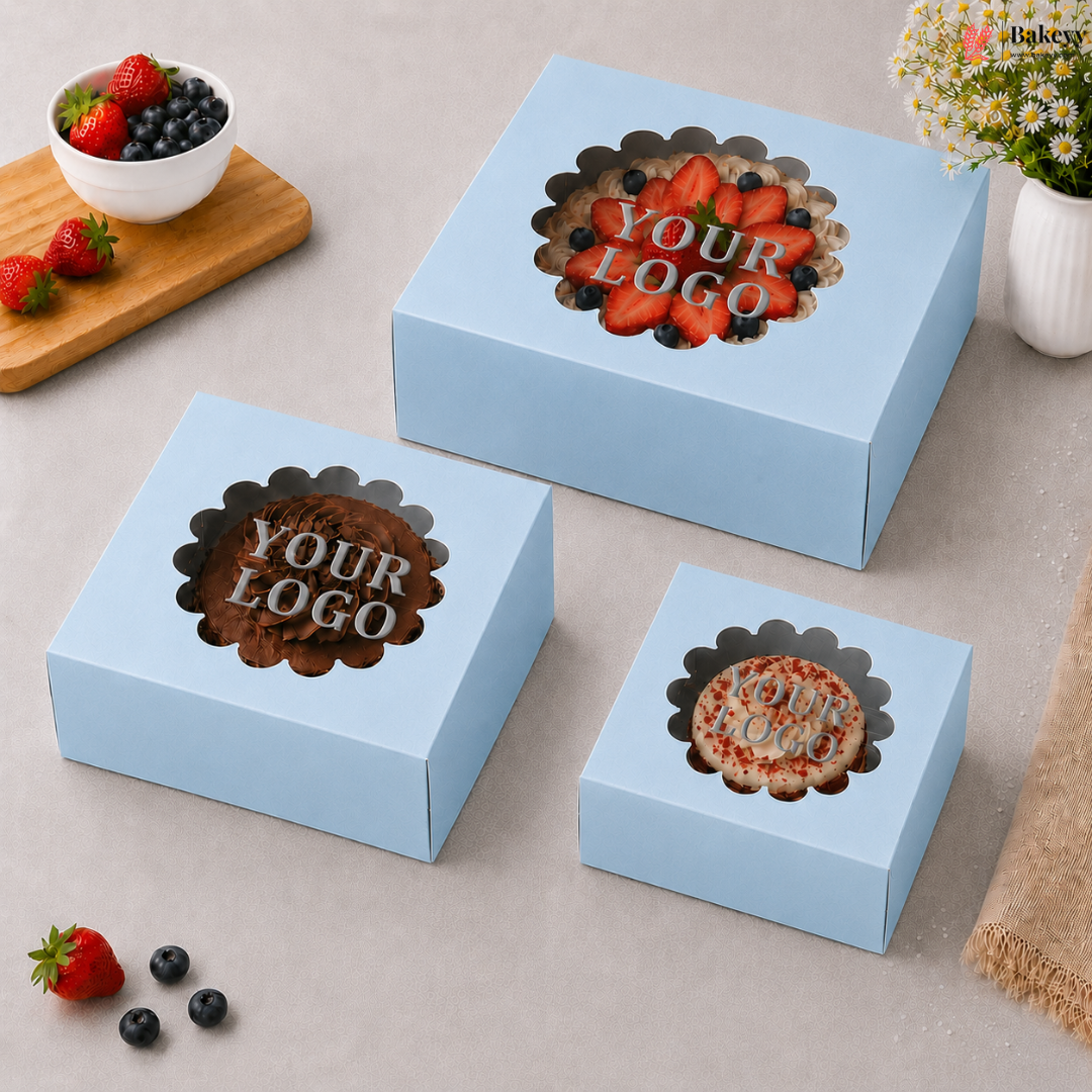 Three light blue boxes with customizable logo area on a neutral background